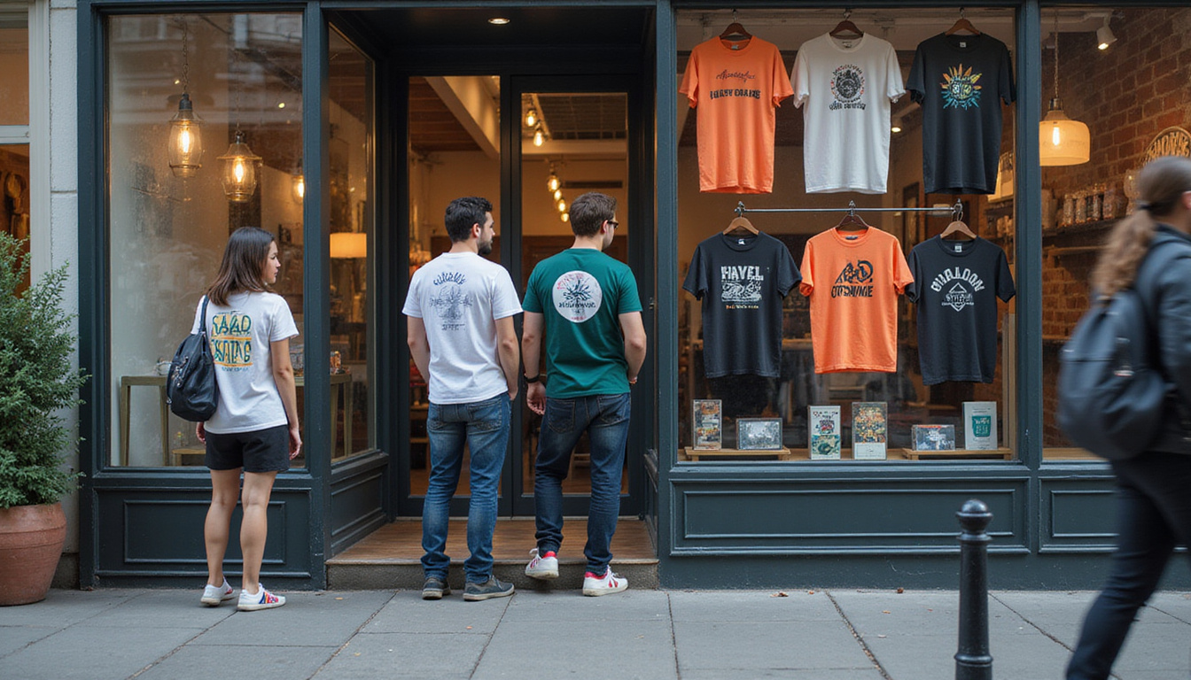  Stylish shop window display of diverse customers discovering bold logo tees, eco tags, bustling urban street
