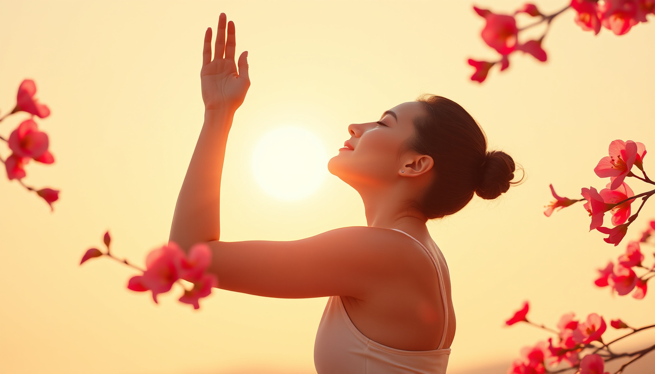  Radiant woman stretching at sunrise with ginger blossoms swirling around revitalized glowing skin vitality