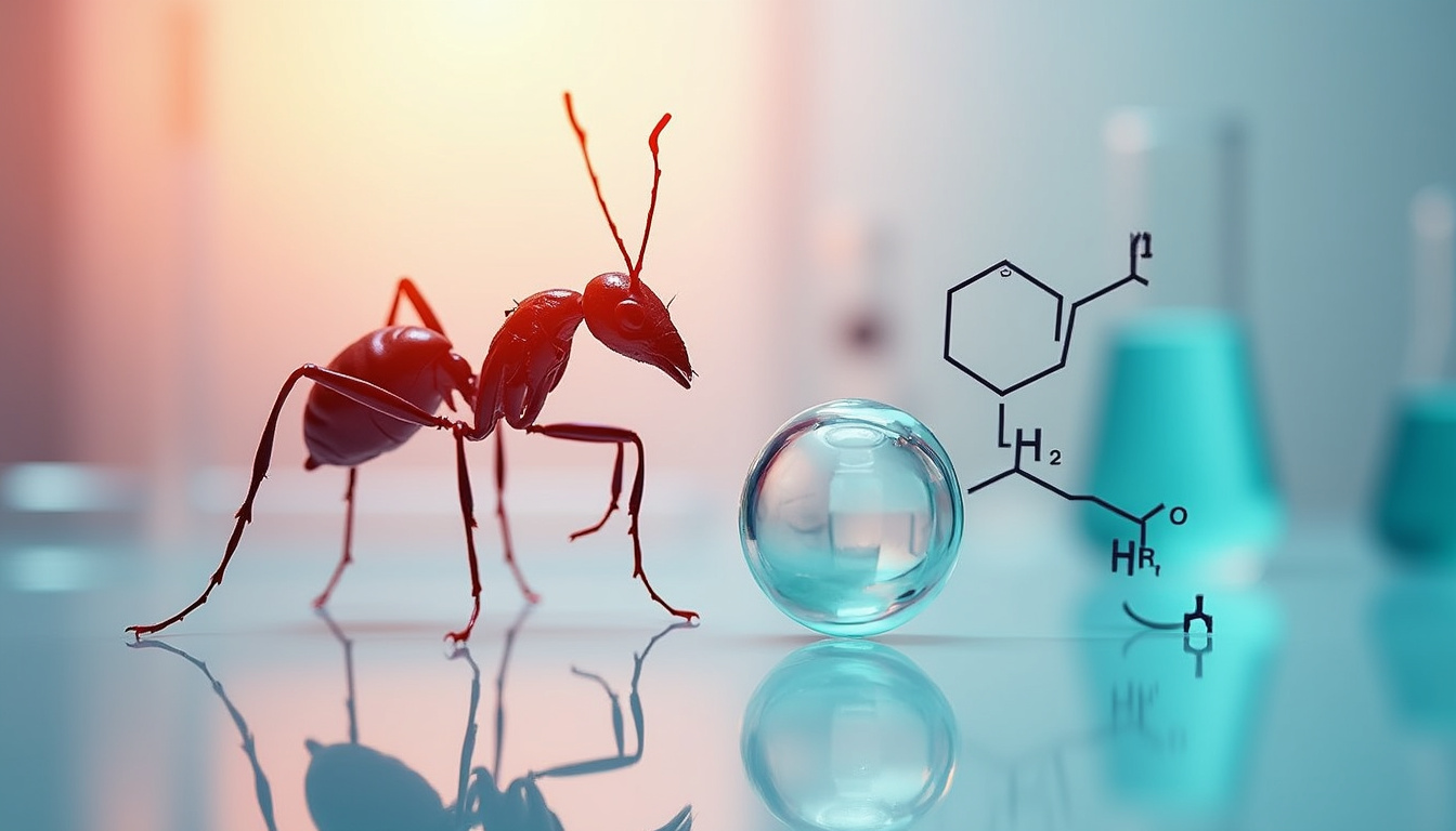  Scientific infographic style showing hydramethylnon molecule, ant silhouette, arrows, sterile laboratory aesthetic