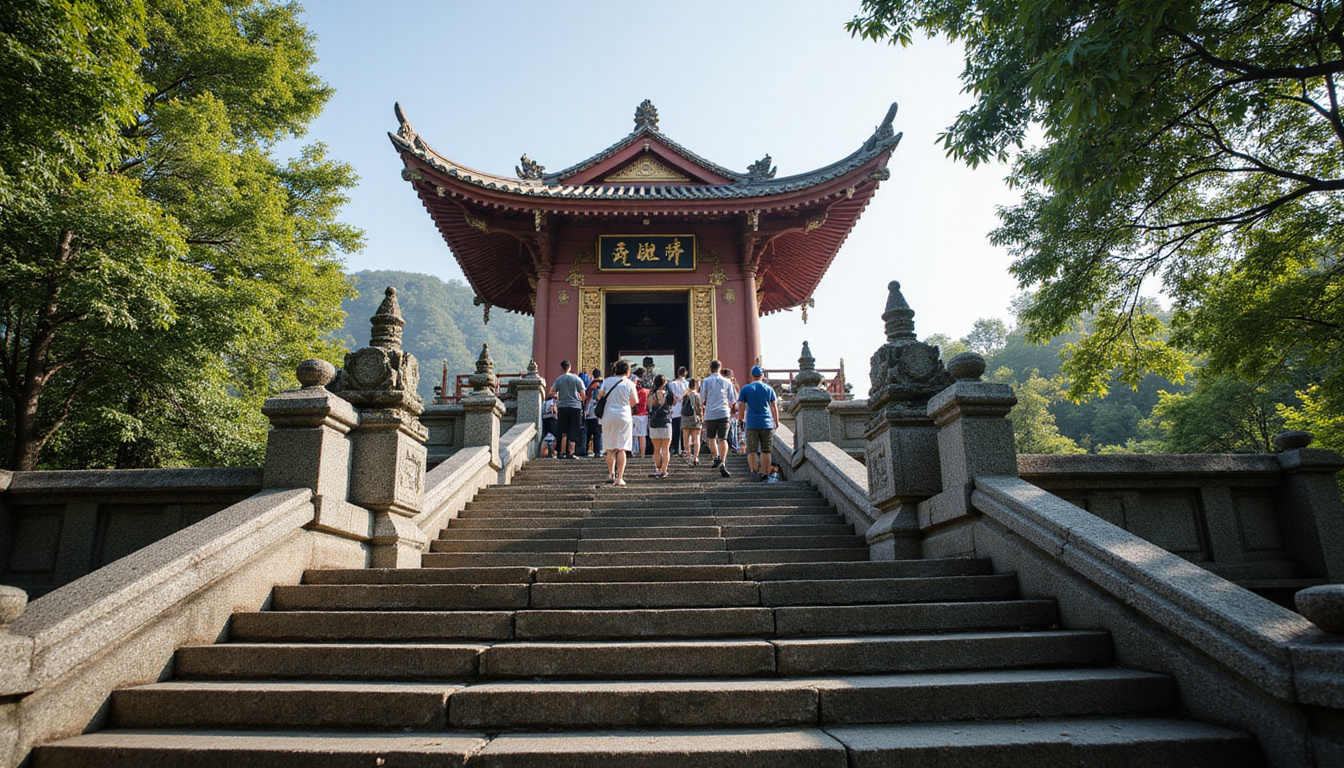  Photographer viewpoint: stone stairway leading to ornate meru pagoda, respectful visitors, cinematic depth