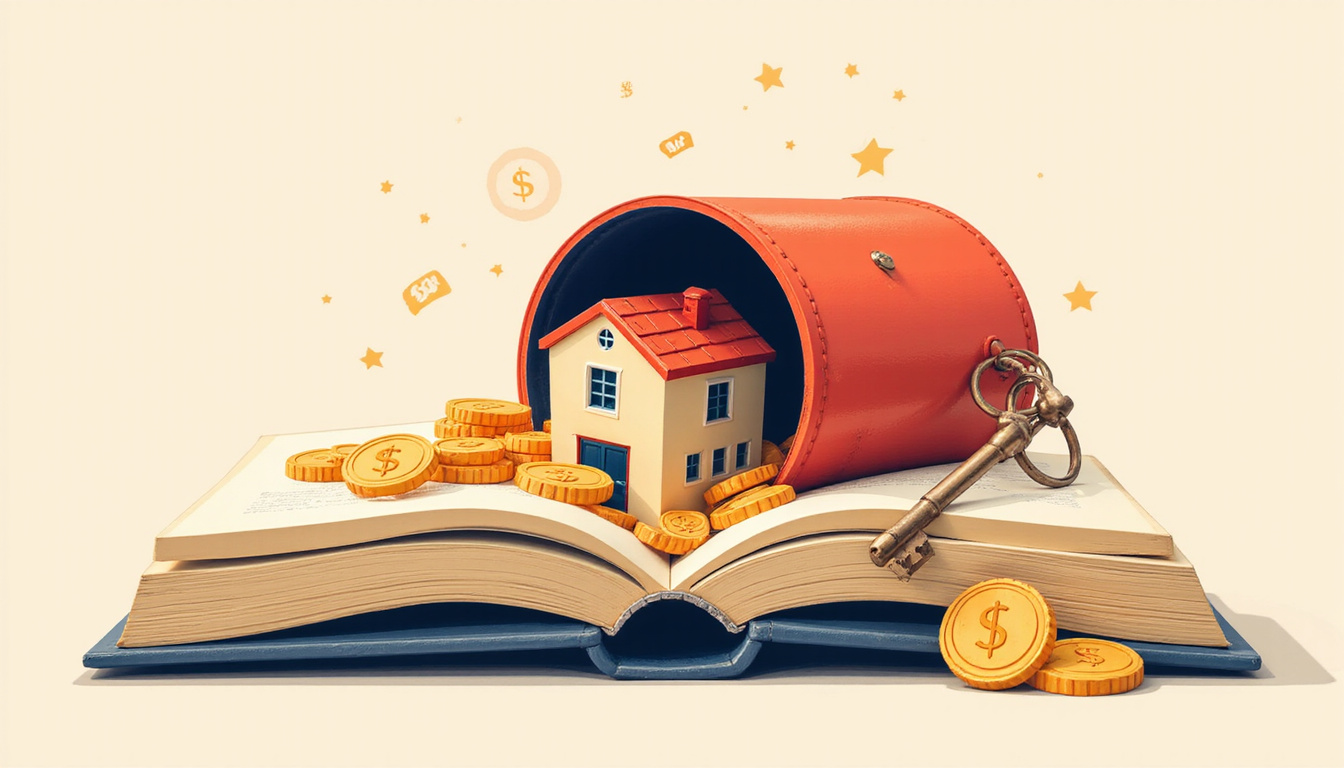 Open book titled Down Payment Secrets, coins and house key spilling out, cozy illustration