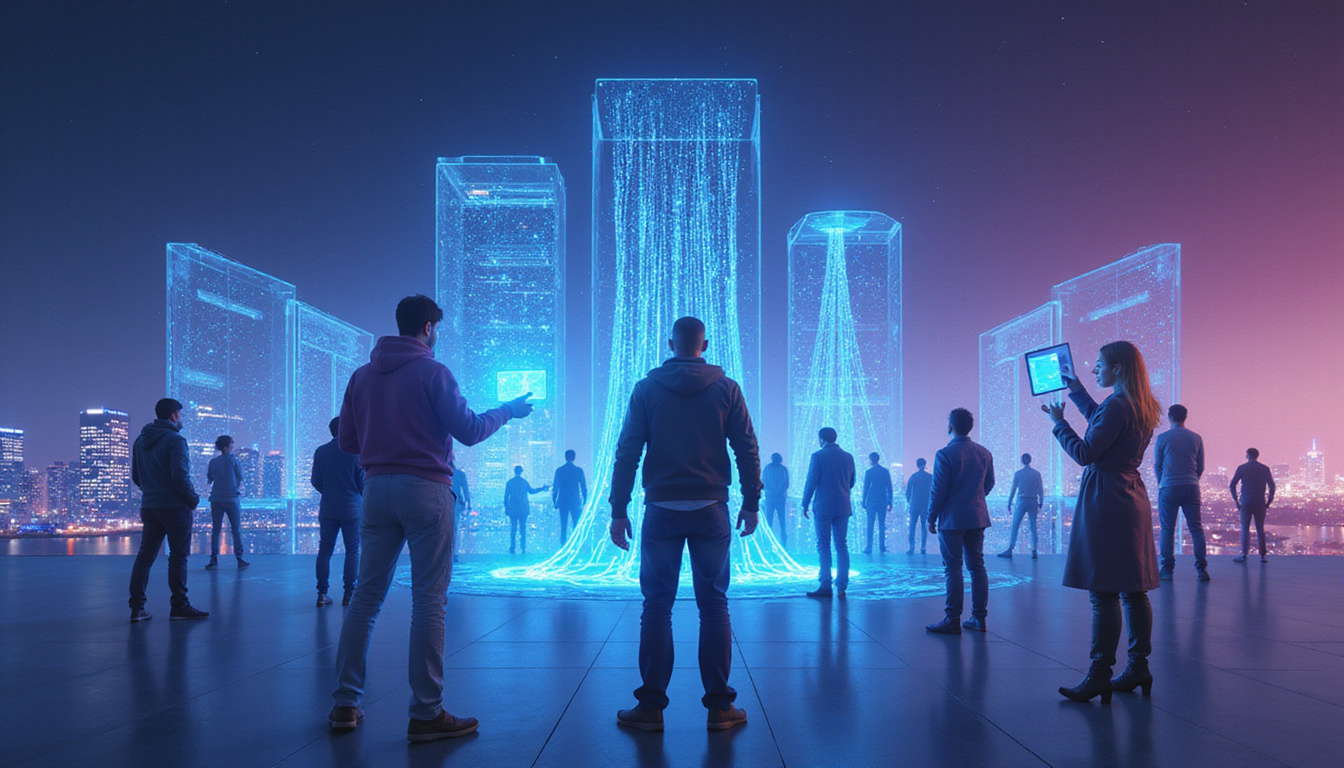  Diverse consumers holding glowing keys, streams of data flowing into transparent vaults, futuristic skyline