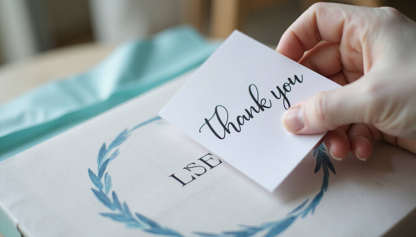  close-up white glove placing handwritten thank-you card into monogrammed package, soft bokeh background