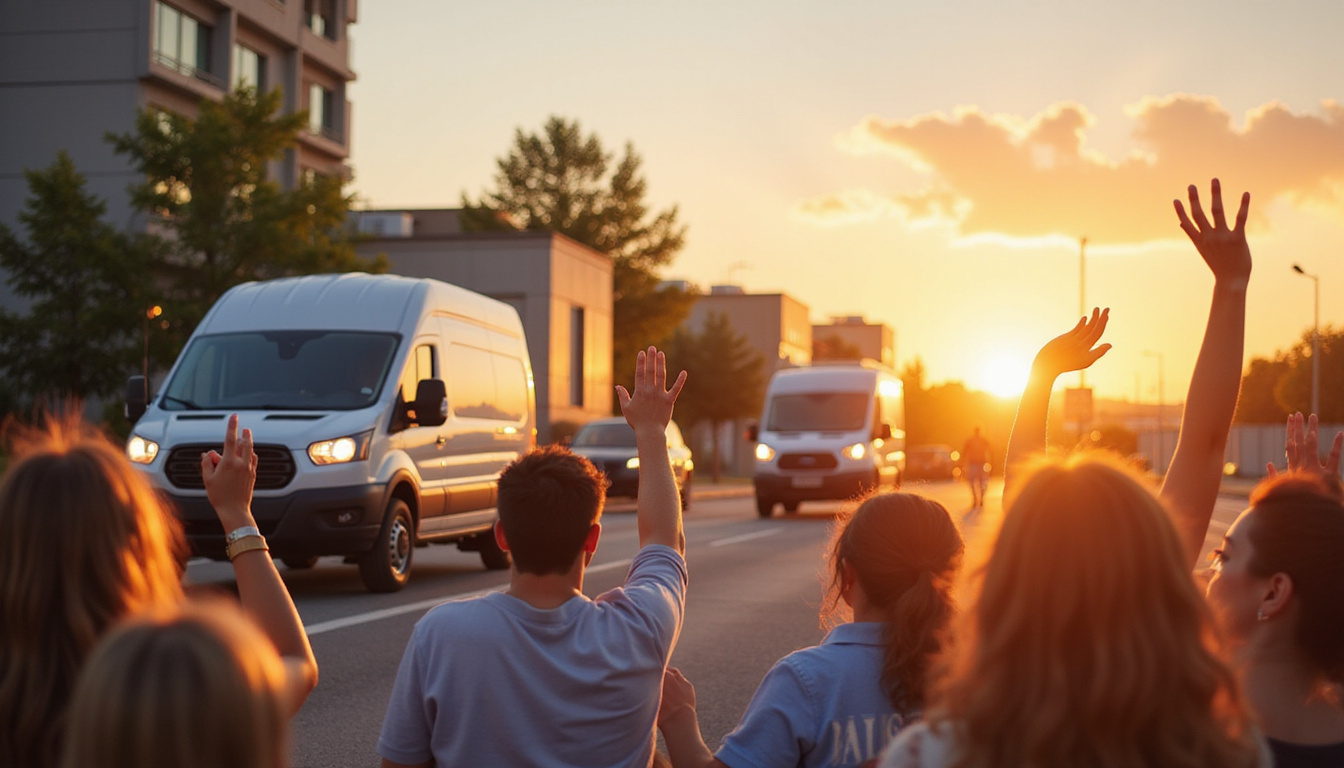 Happy customers cheering as service vehicles arrive quickly, five-star ratings floating, warm urban sunrise