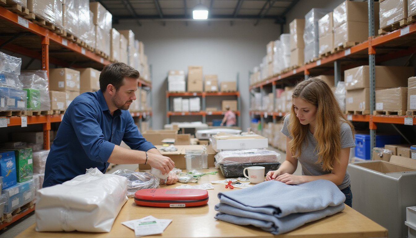 Neatly organized donation warehouse, volunteers sorting high-value items, tags with estimated resale values