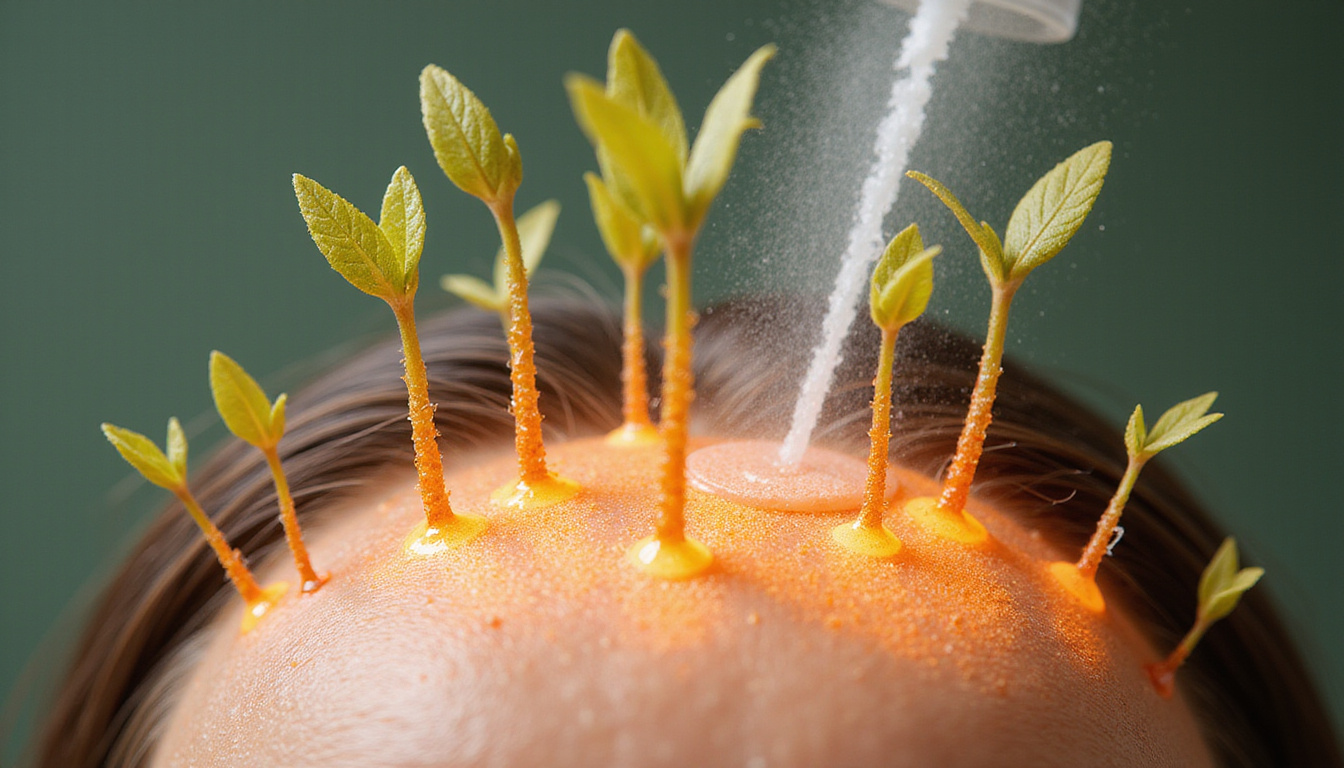  Close-up scalp healing illustration, glowing follicles sprouting hair, botanical serums and gentle mist