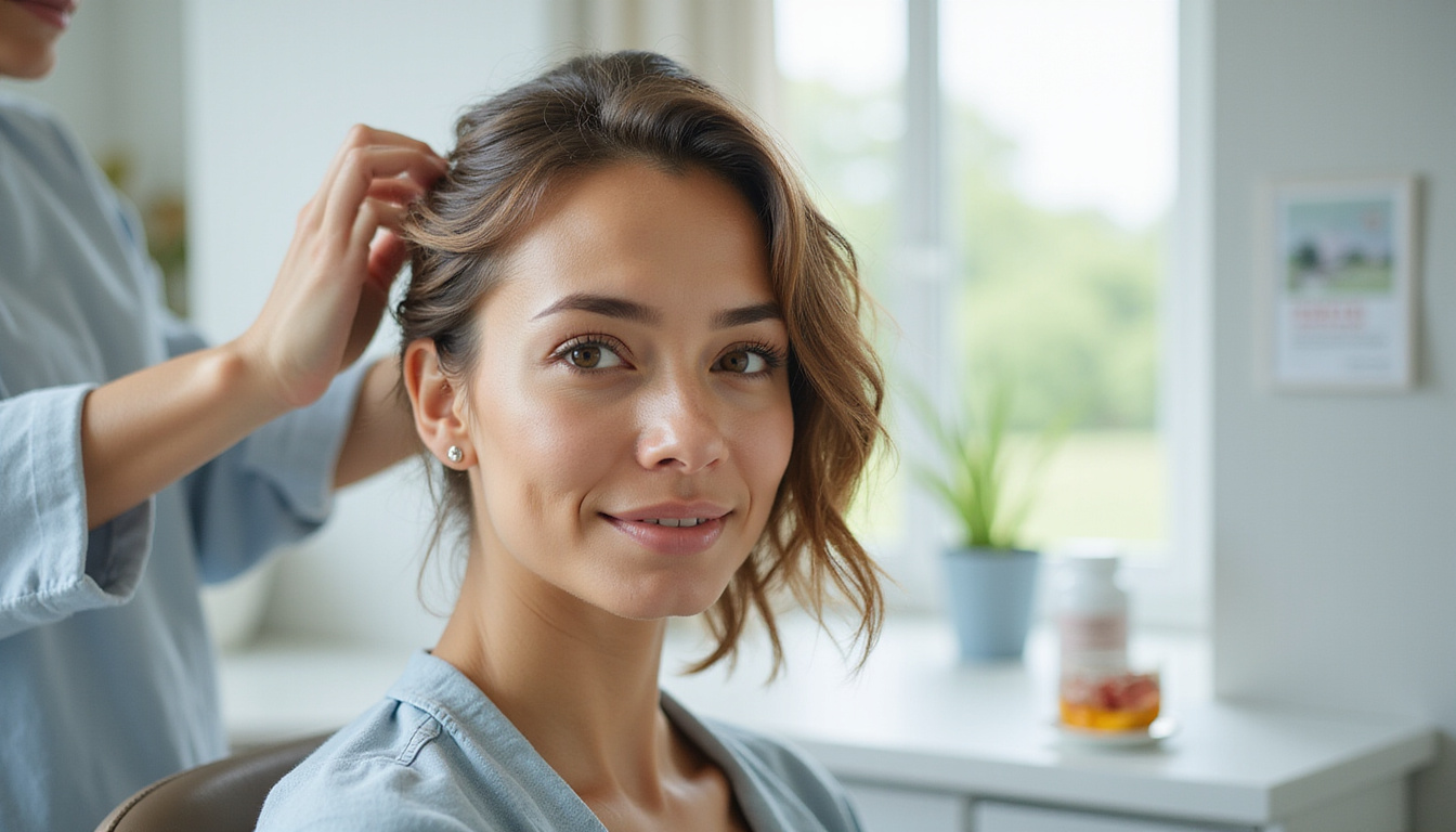  Bright clinic scene: confident woman receiving hair treatment, supplements, healthy diet, before-and-after growth, hopeful mood