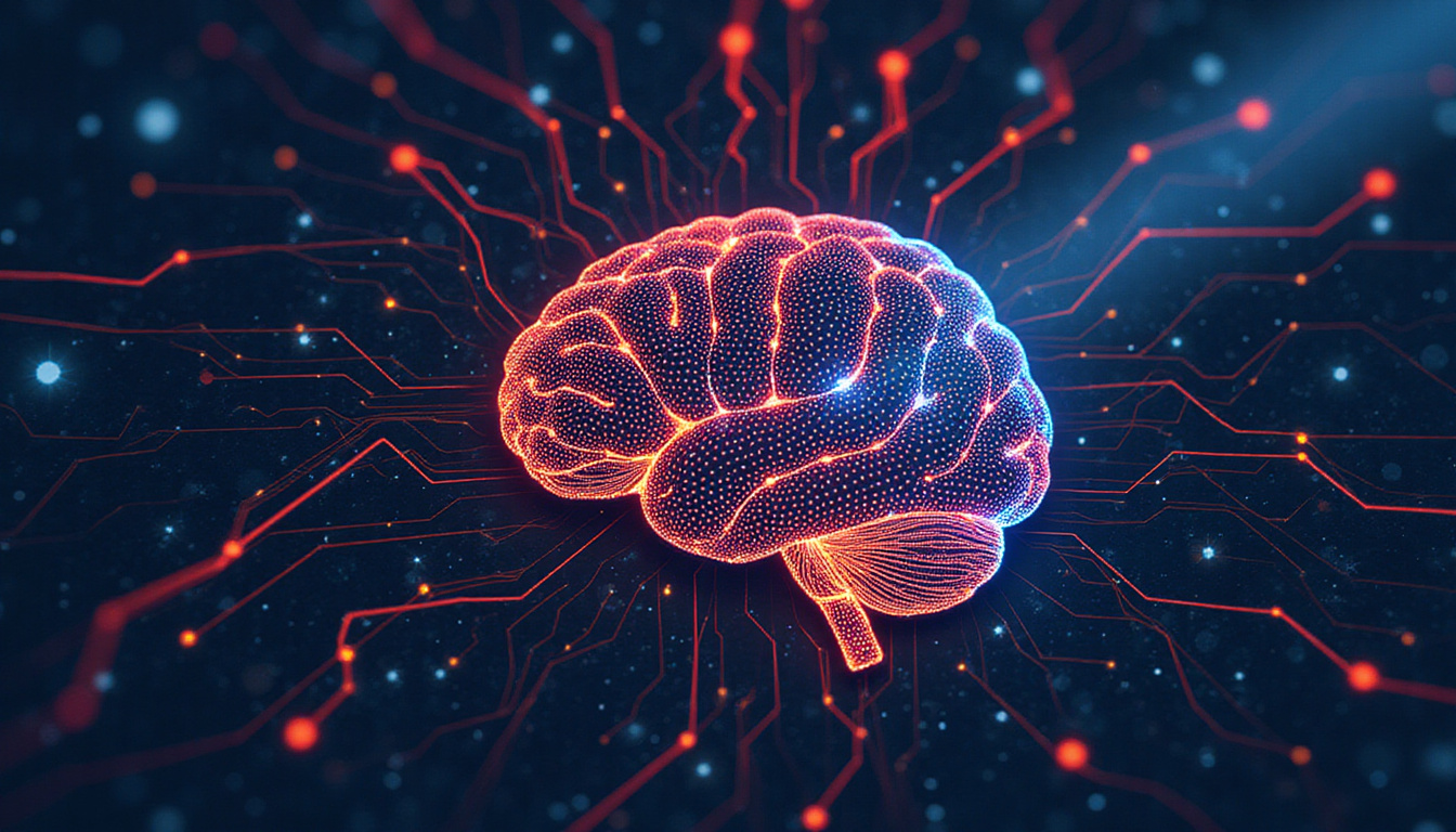  Abstract AI brain made of circuit highways, dollar signs flowing, programmatic ad auction storm