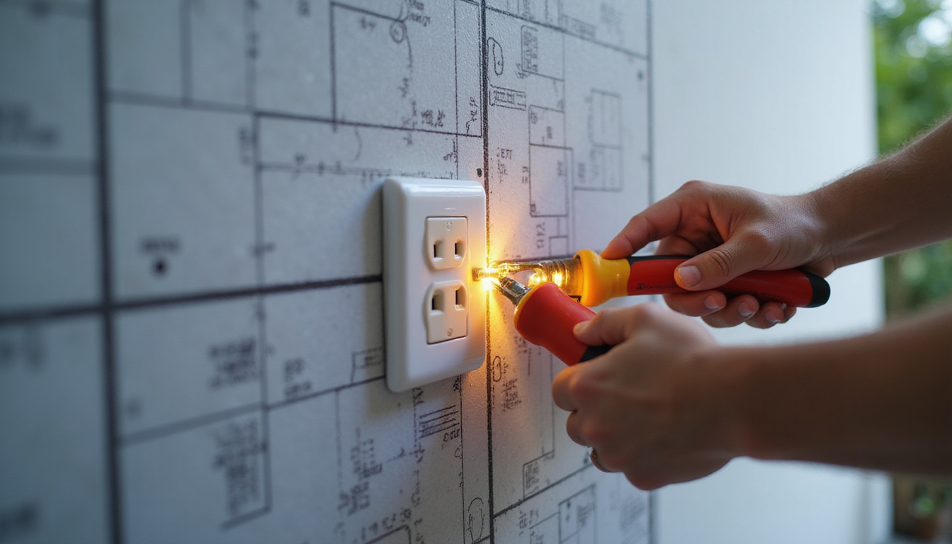  Close-up GFCI outlet installation, hands with tools, blueprint overlay, house value increase glow