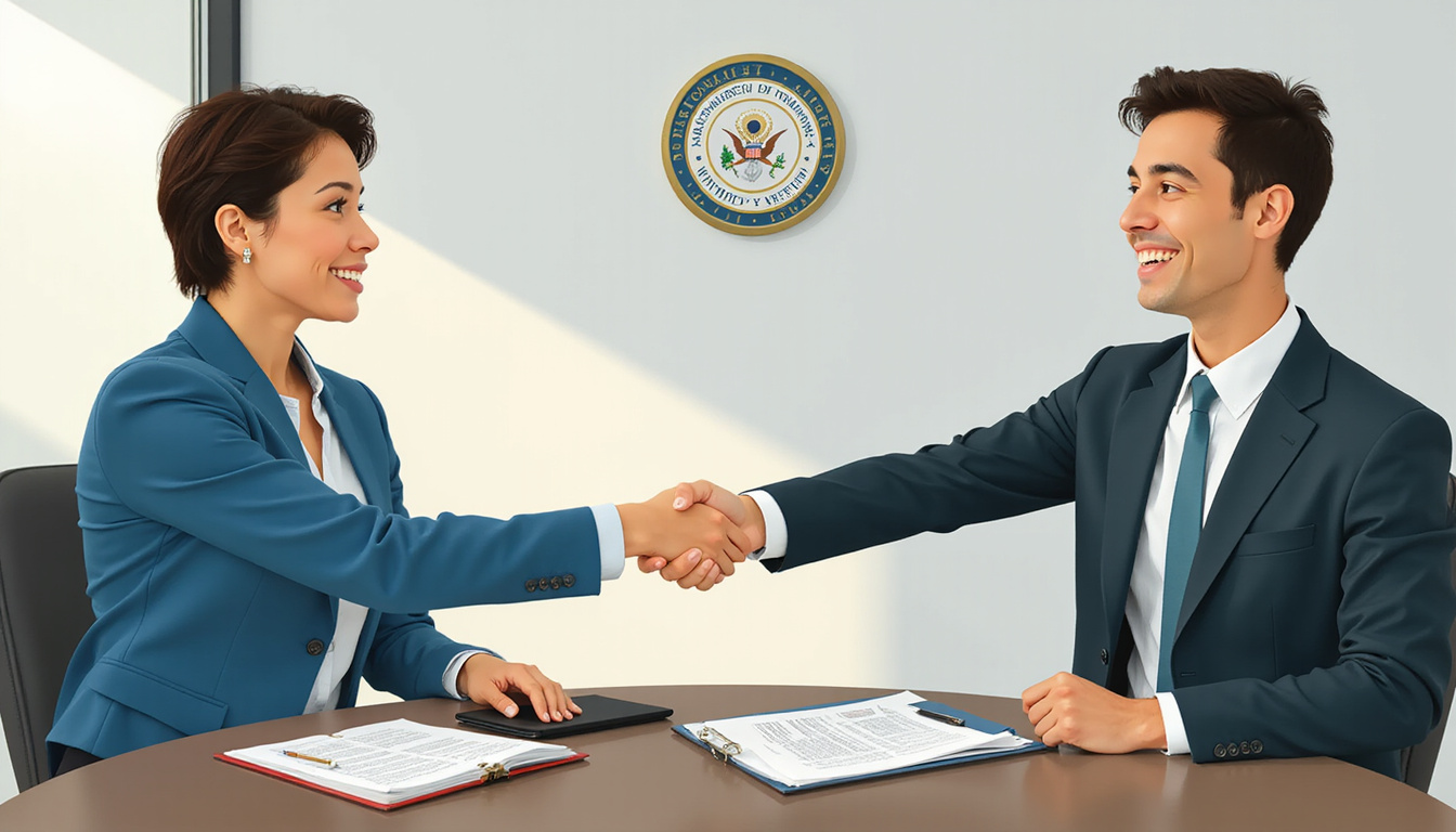  Small business owner celebrating contract award handshake with government official, debrief checklist and government seal