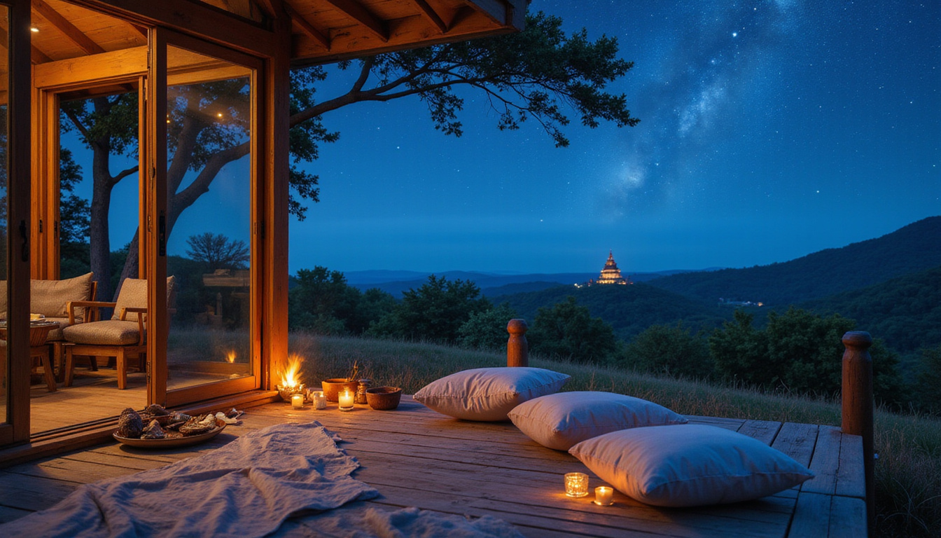 Cozy overnight deck with cushions, steaming tea, starry sky, distant temple silhouette