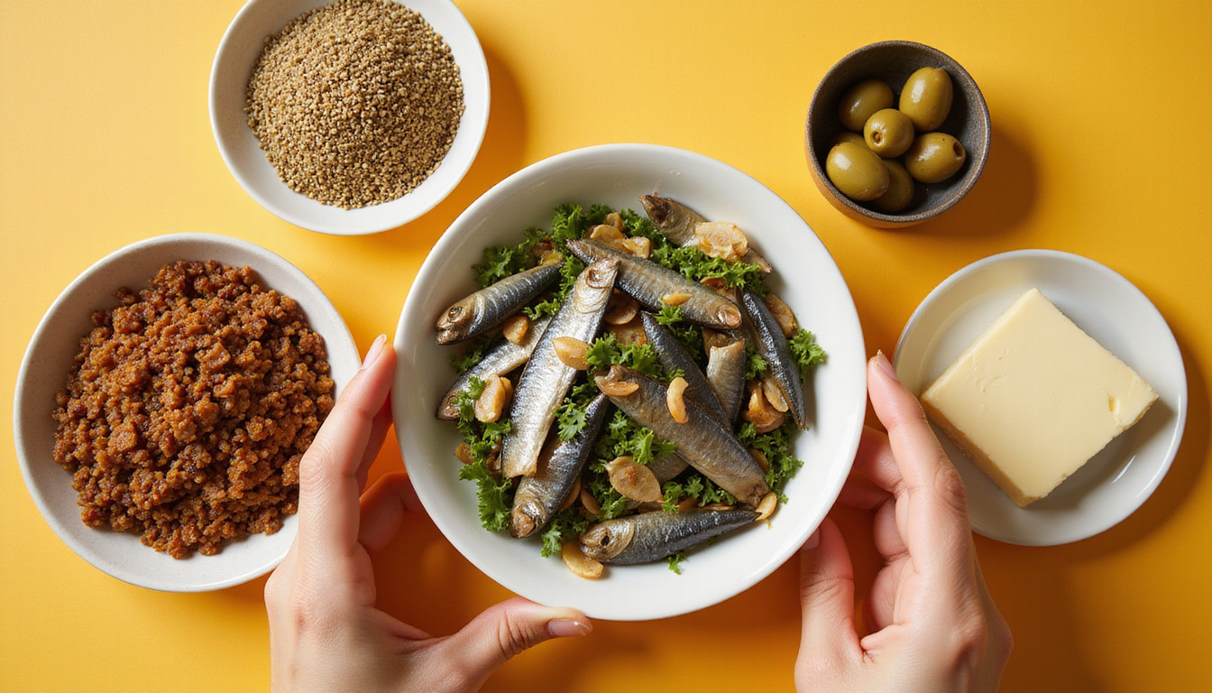 Macro shot of hands arranging unexpected brain-boosting foods: sardines, natto, olives, flaxseed, grass-fed butter