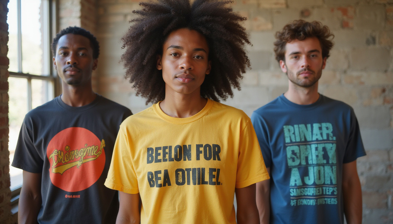  Diverse models wearing timeless tees, handcrafted labels visible, sustainable tags, warm natural light