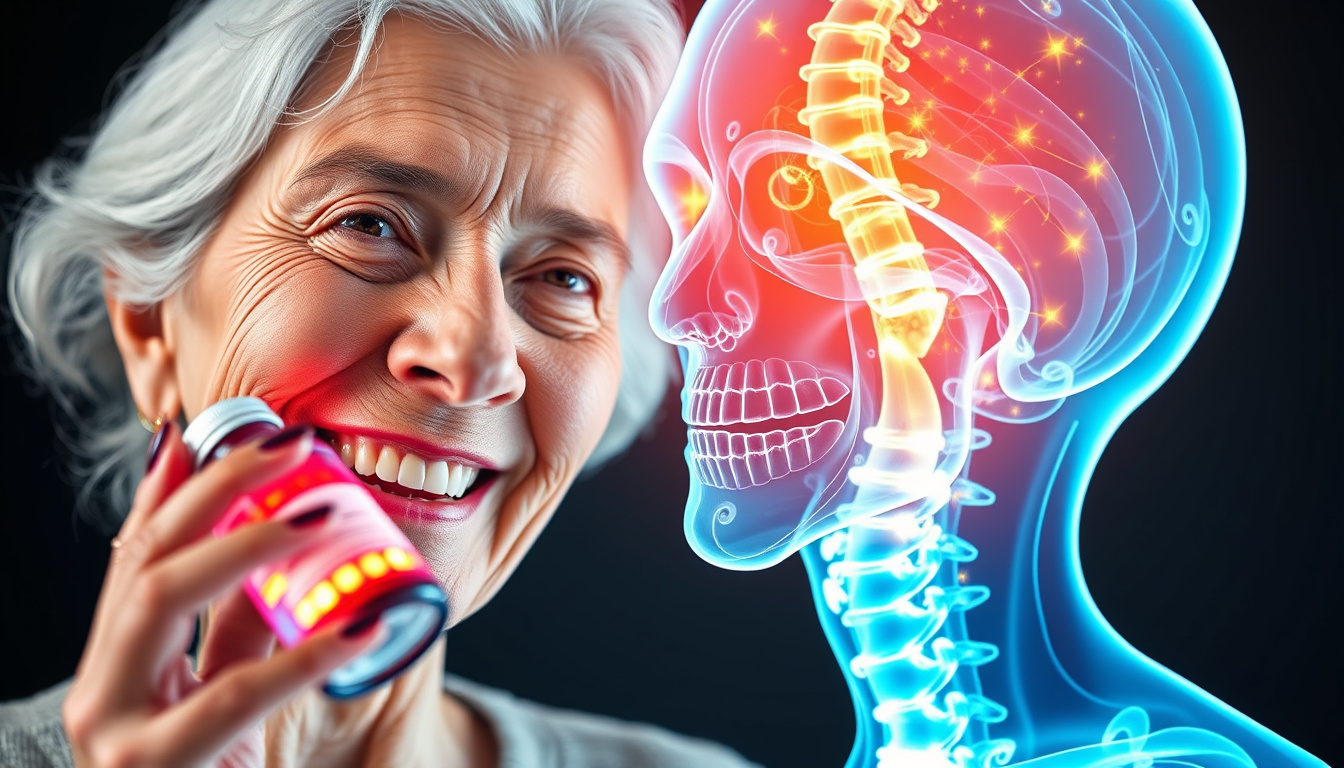  Elderly smiling woman taking K2 supplement, arteries clearing, x-ray style bone density glow