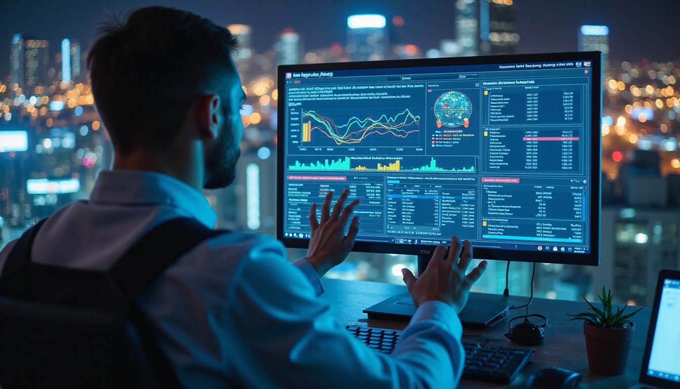  Engineer monitoring UI displaying range optimization, predictive analytics, battery cooling pipes, night city skyline