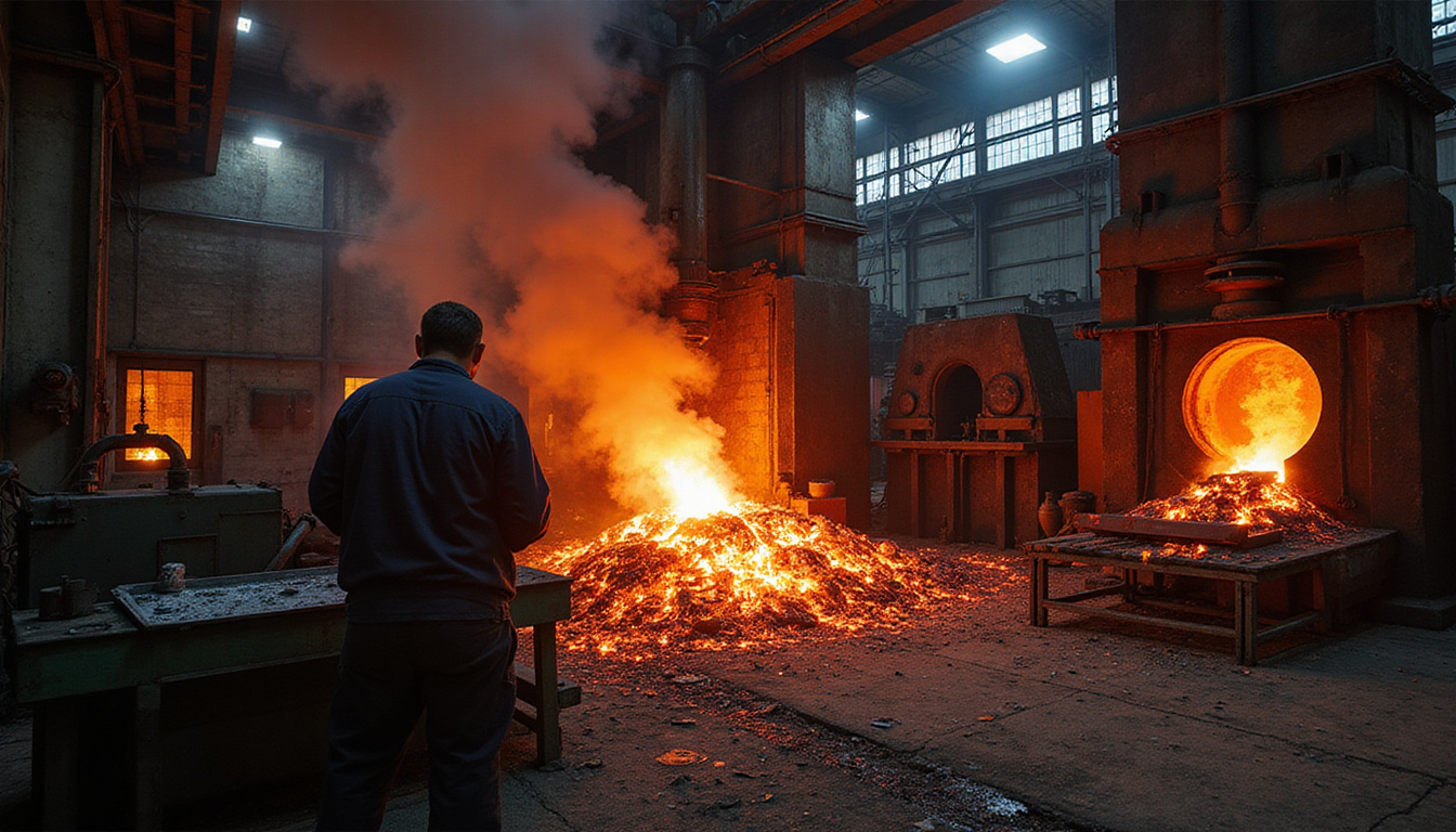 Industrial furnace interior with red-hot metal billets, technician inspecting temperature gauges, smoky atmosphere