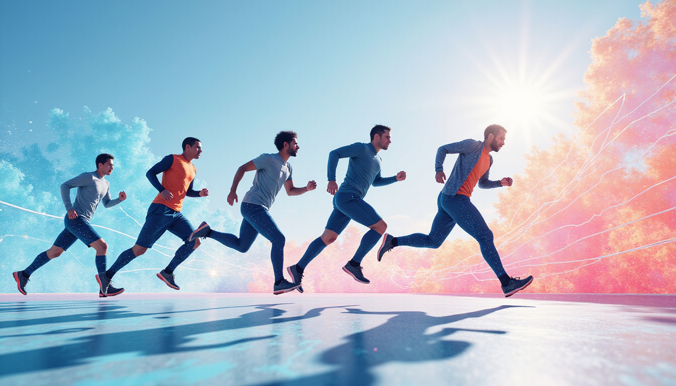 High-performance team sprint metaphor: humans and robotic teammates crossing finish line under flowing data streams, energized