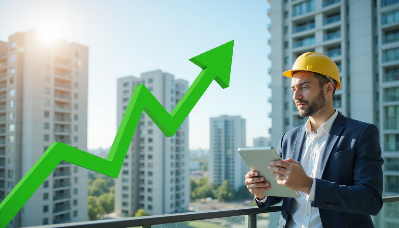 Modern landlord examining cap rate on tablet, urban apartment skyline, green growth arrows