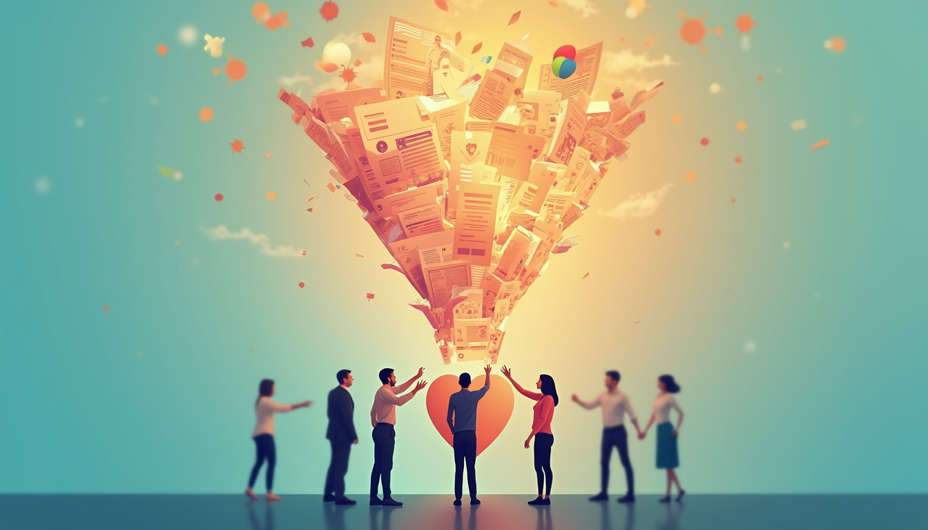 digital sales funnel morphing: abandoned forms transform into smiling customers shaking hands, rising analytics