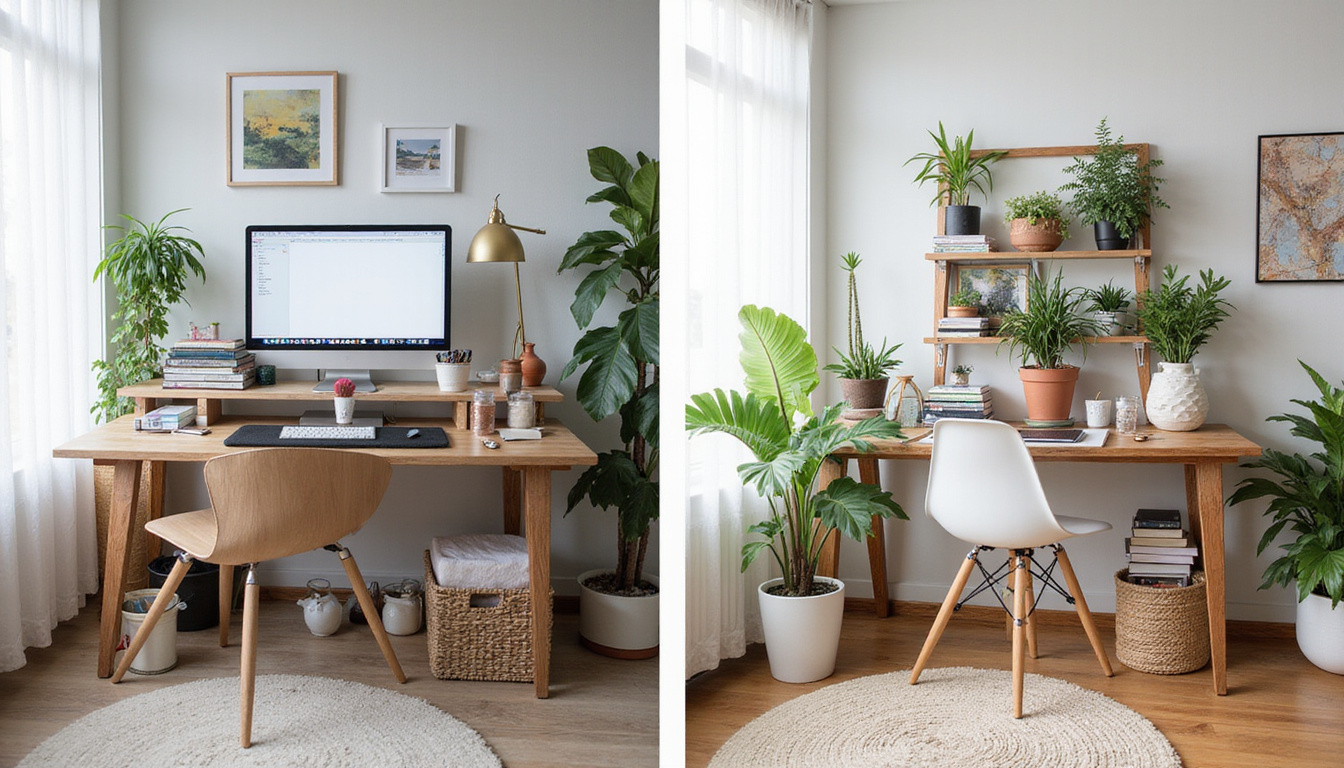 Before-and-after split image: cluttered desk to compact vertical storage, plants, calm