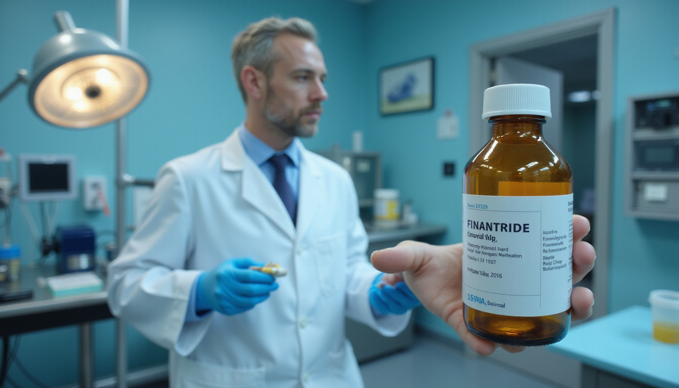 Doctor holding finasteride pill vial beside microscopic hair follicle regeneration illustration, hopeful cinematic style