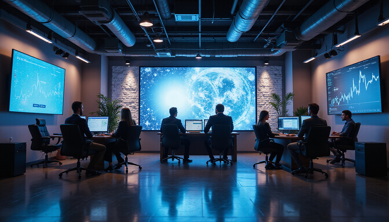  Modern marketing war room, screens showing TV, social, email, billboard metrics, gears connecting channels