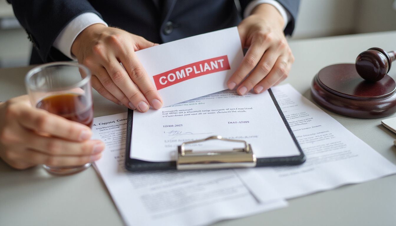  Close-up hands checking alcohol license and legal documents with red 