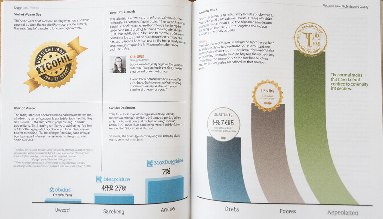  close-up portfolio with client testimonials, winning federal contract seals, upward growth chart, golden credibility badge