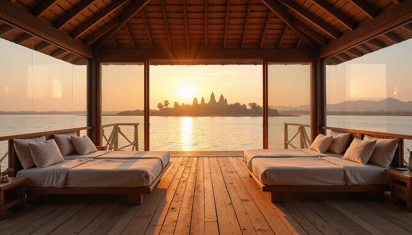  Interior: reclaimed teak deck, linen cabanas, panoramic windows framing ancient temples at dawn