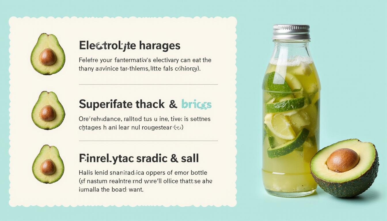 Bright infographic montage glass of electrolyte drink avocado Himalayan salt water bottle recovery checklist