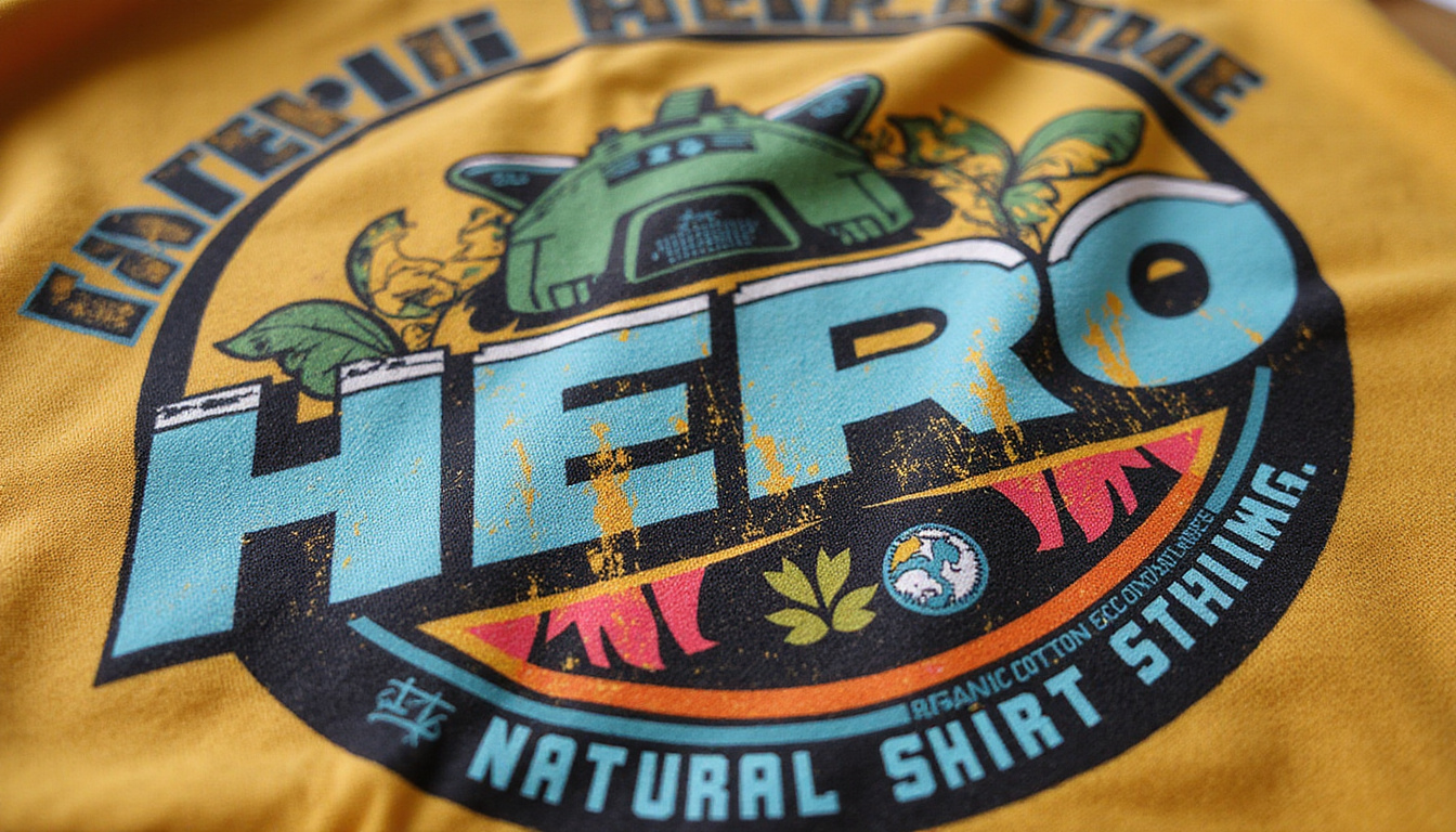  Close-up hands feeling textured hemp shirt fabric, natural dye swirls, plastic-free stitched label