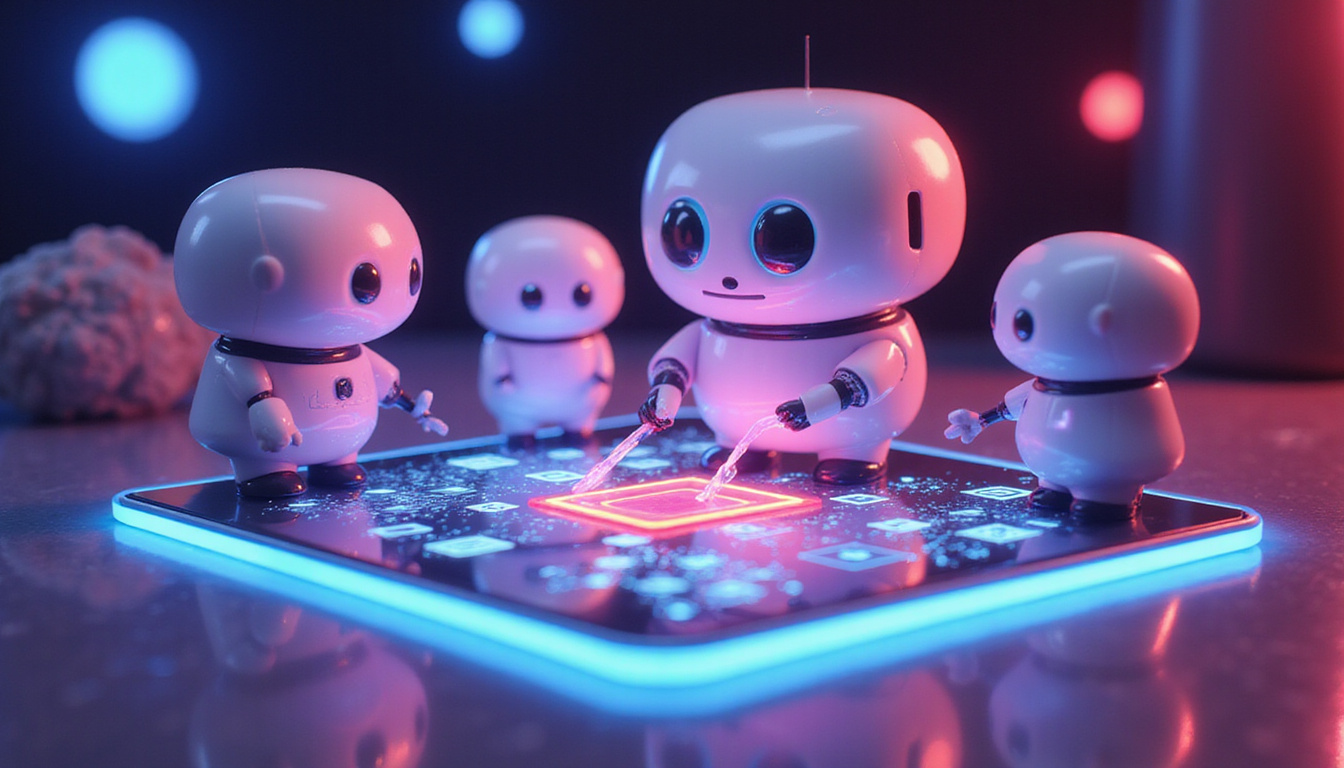 Offline gadgets animated by tiny edge-AI agents, projecting helpful icons, exuding privacy glow