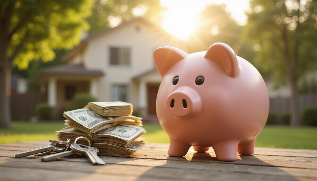 Cozy suburban house with oversized piggy bank, keys, stacks of saved cash, golden light