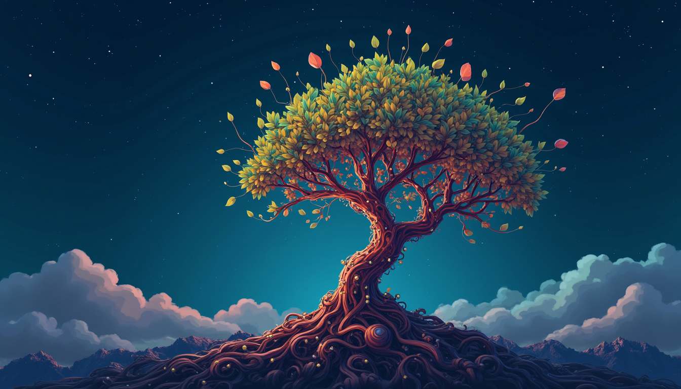  Mechanical tree of nodes sprouting code-leaves, scaling upward into endless decentralized communities under starlit sky