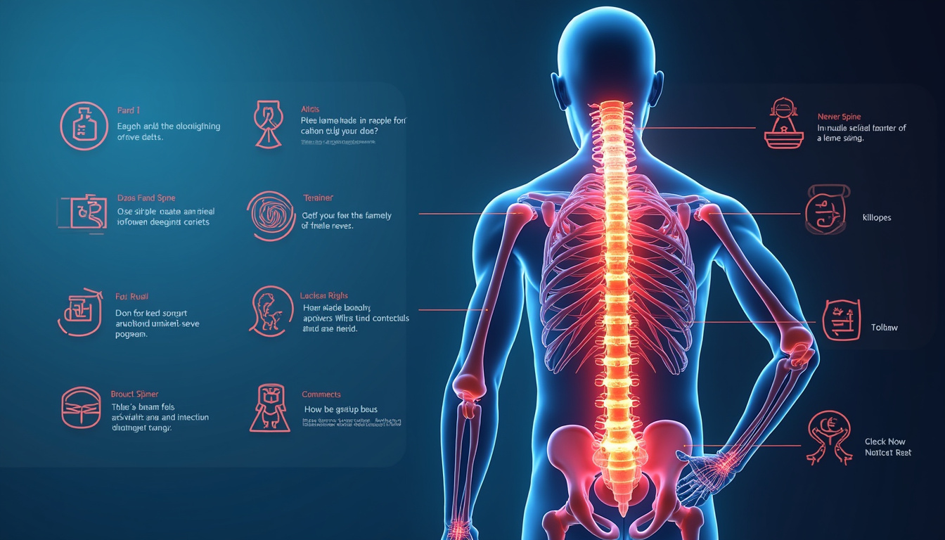Medical infographic: lumbar spine anatomy glowing nerve roots, fast relief icons, doctor-approved checklist