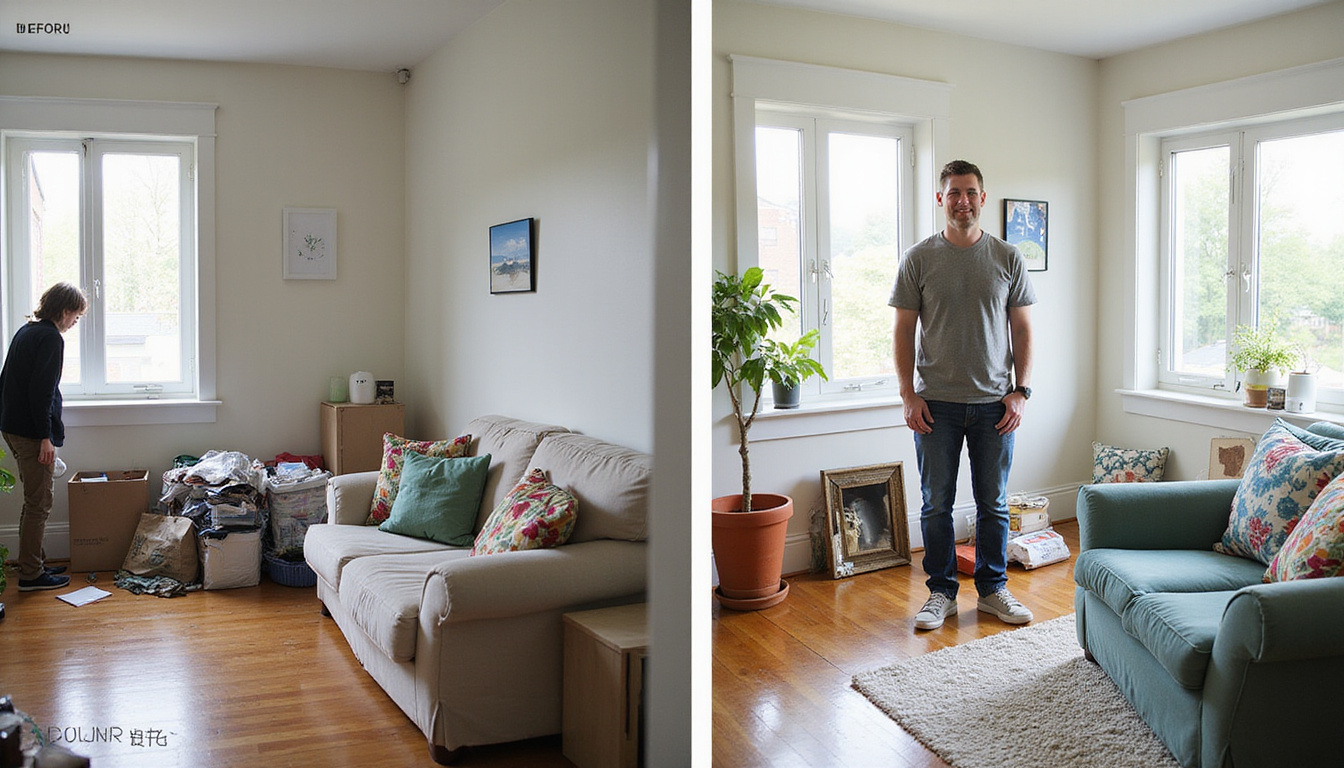  Before-and-after living room transformation, piles cleared, smiling homeowner, eco-friendly recycling truck