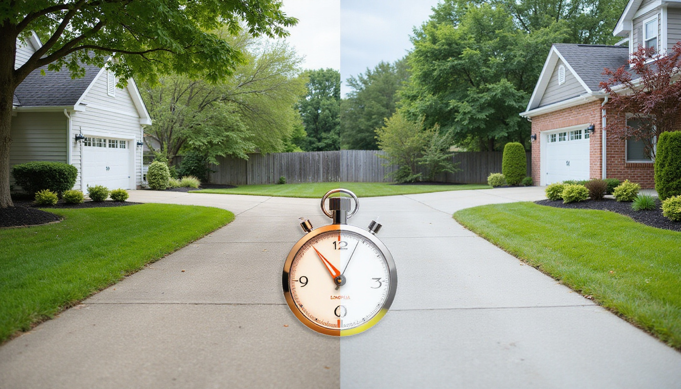 Before-and-after yard cleanup scene, affordable price tag icon, stopwatch indicating fast service, clean driveway