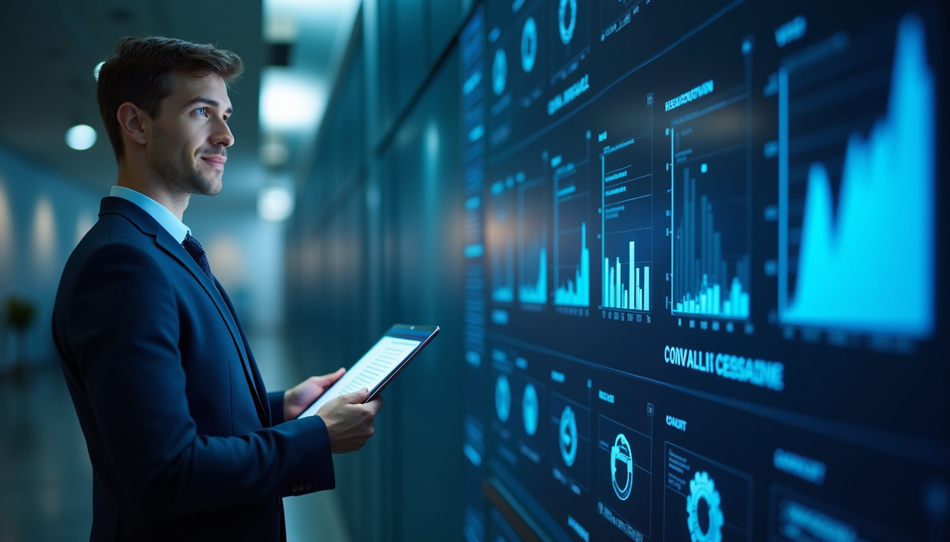  Confident attorney reviewing digital compliance dashboard, secure vault background, blue tones, focused expression