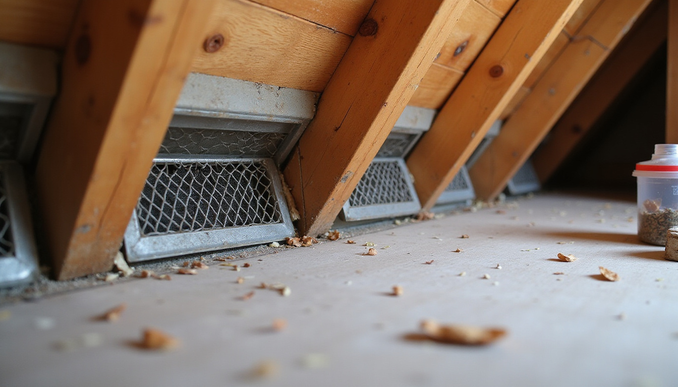  Pest-proof attic renovation close-up: sealed vents with metal mesh, rat-proof storage containers, sticky traps