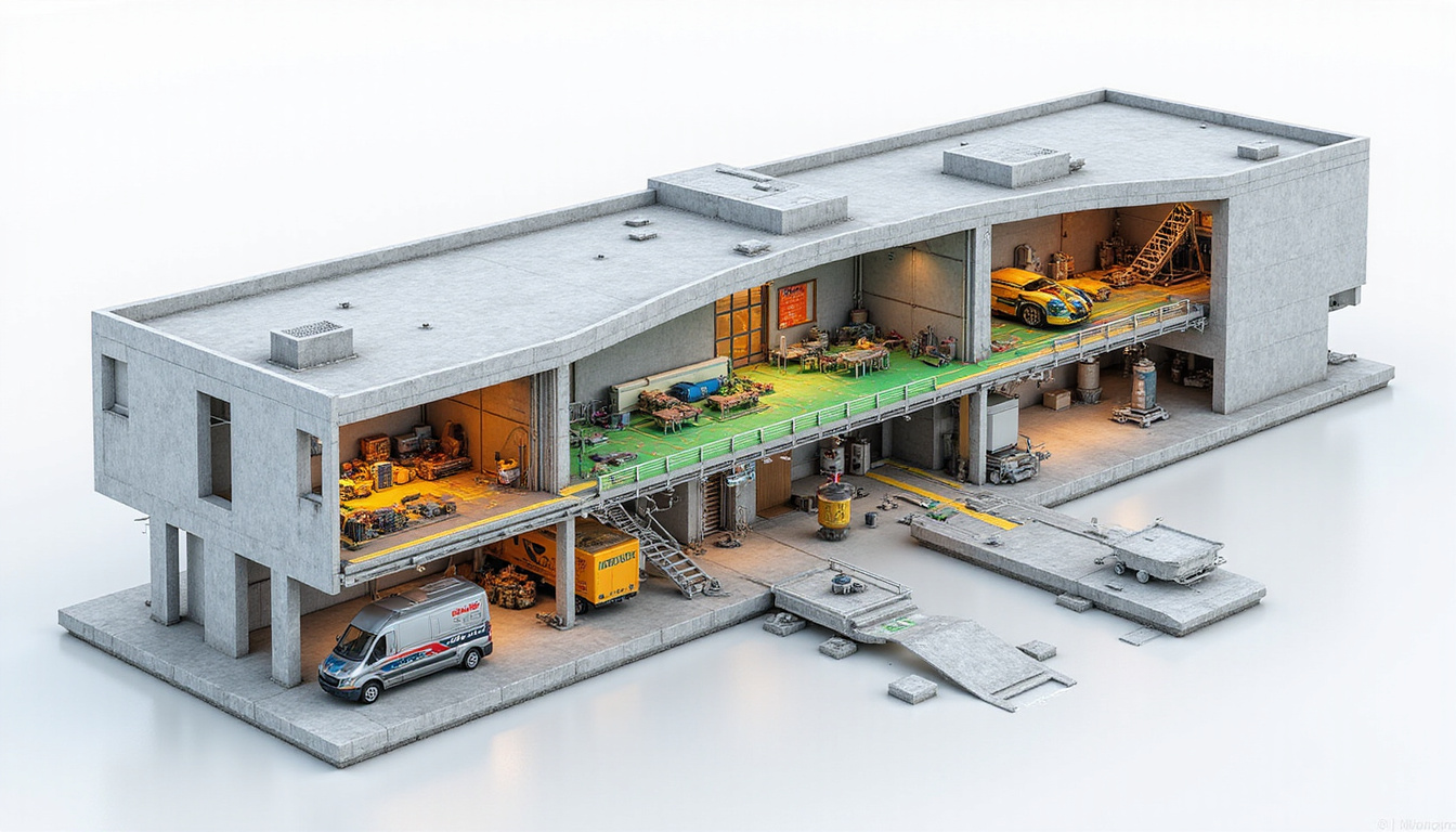  Cutaway building revealing load paths, smart sensors, carbon fiber retrofits, calm confident engineer