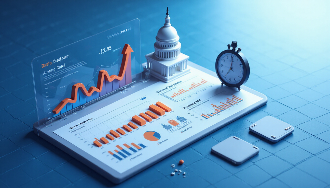  Isometric data dashboard showing rising award-rate graph, bid checklist, stopwatch, Washington Capitol silhouette, dramatic light