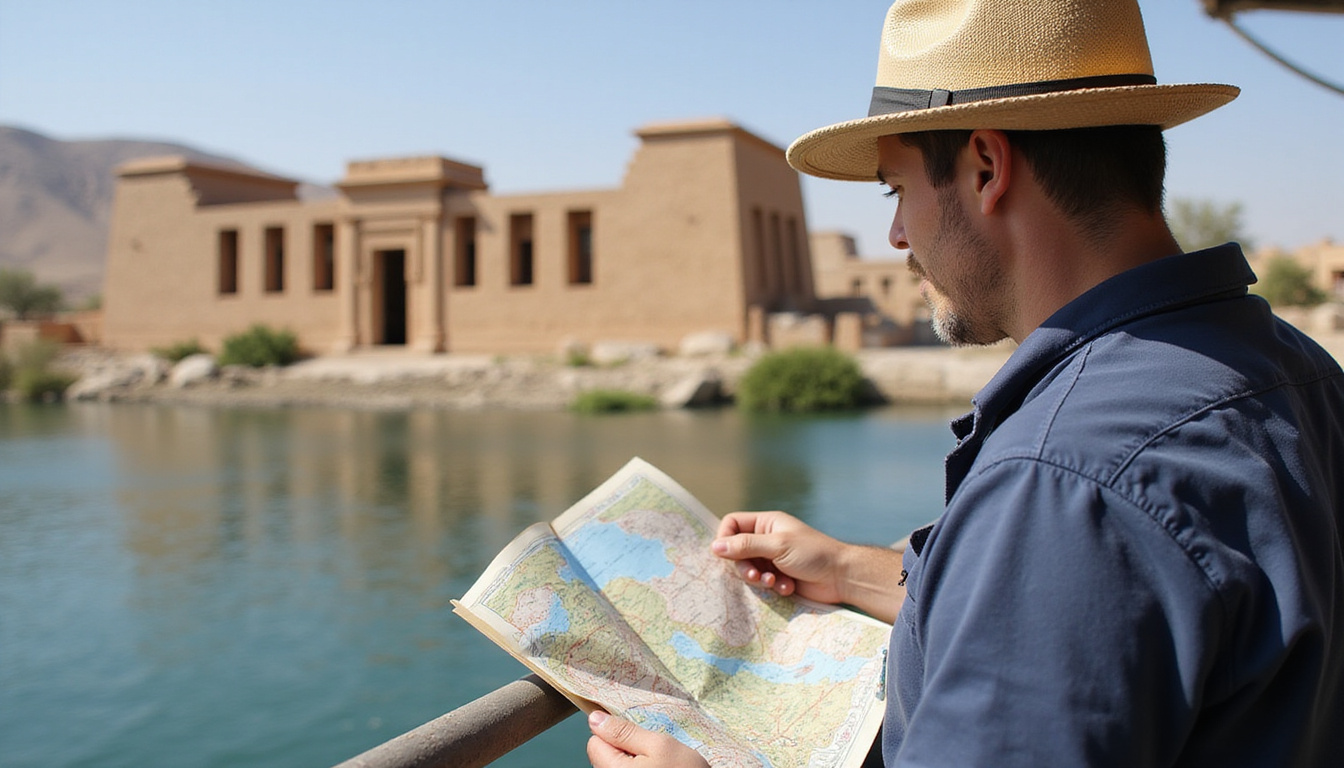 Local guide pointing at Philae temple from riverboat, map and camera, intimate insider travel mood