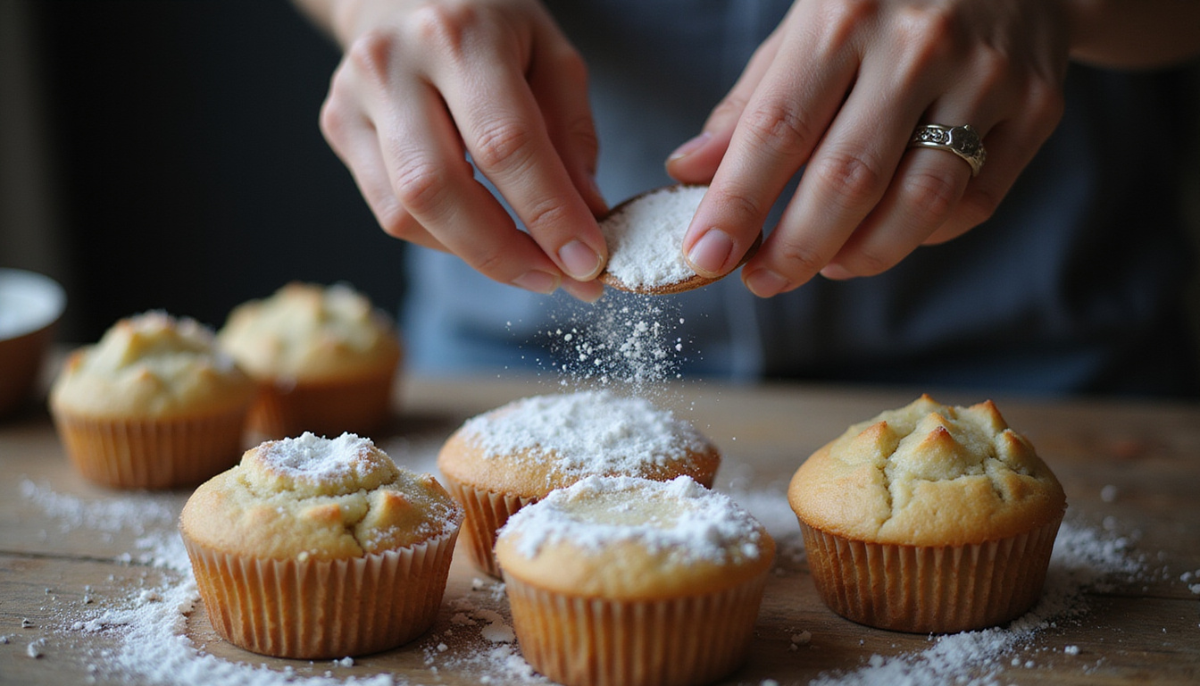 Hands sprinkling powdered erythritol over fluffy coconut-flour muffins, secret recipe cards, cozy moody lighting