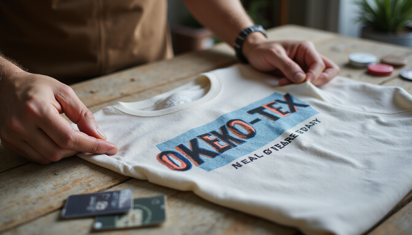 Manos inspeccionando la etiqueta de una camiseta de algodón orgánico duradero