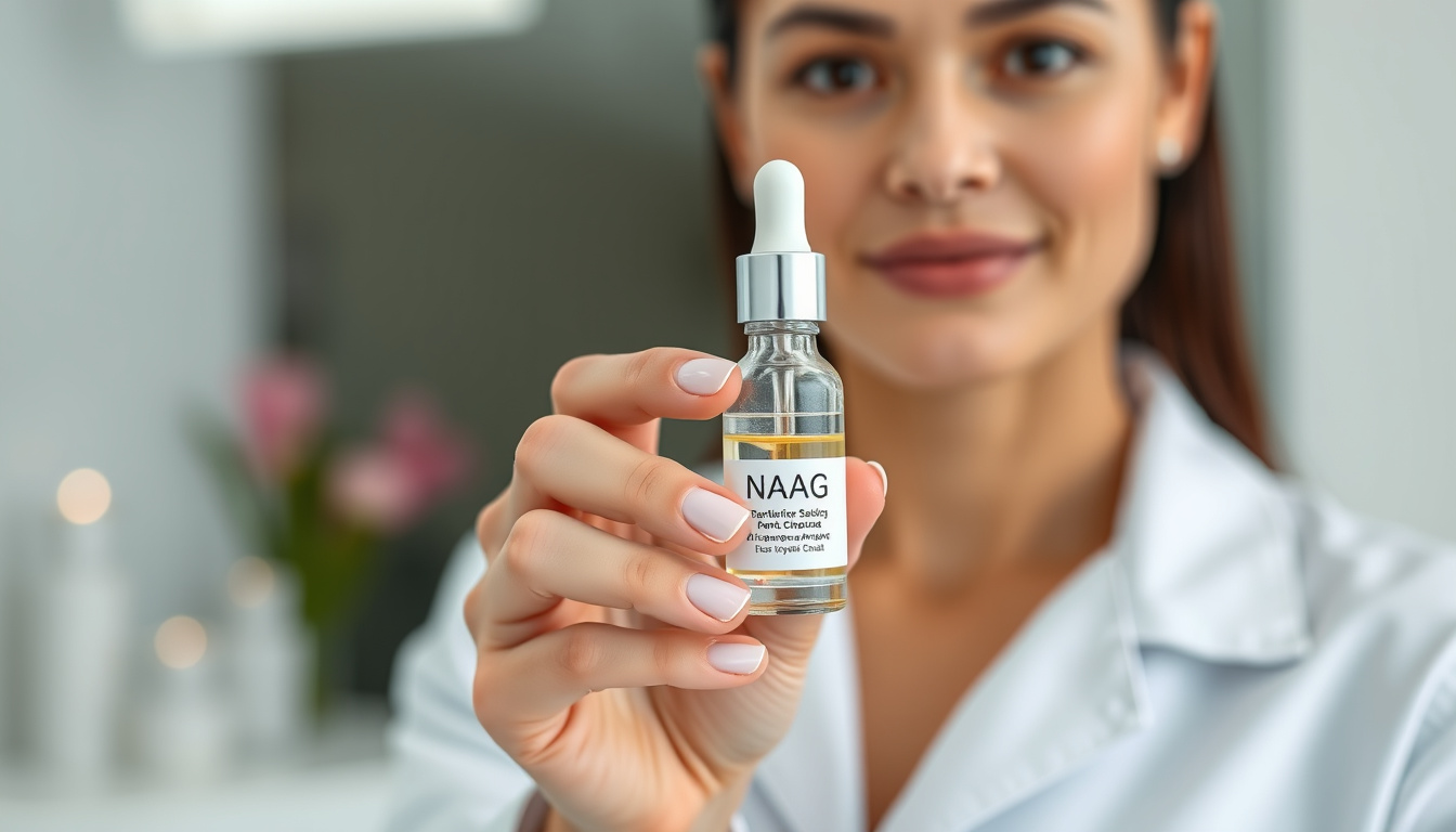  Dermatologist in white coat holding translucent serum vial labeled NAG, soft-focus spa background
