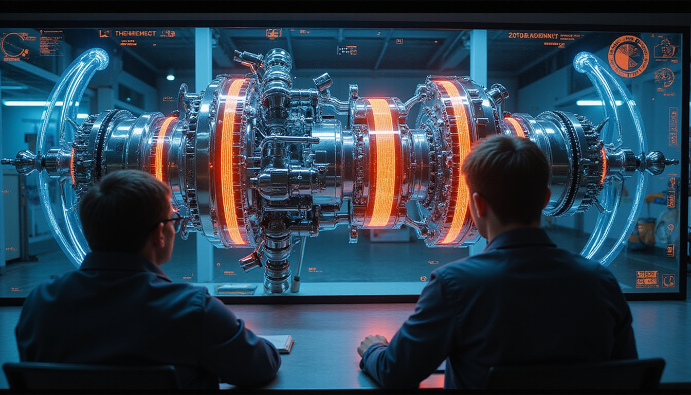  Cutaway view of drivetrain, glowing vector arrows, engineers monitoring HUD with precision control overlays