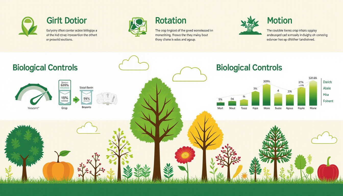  Infographic-style composition showing crop rotation, biological controls, monitoring charts, vibrant colors