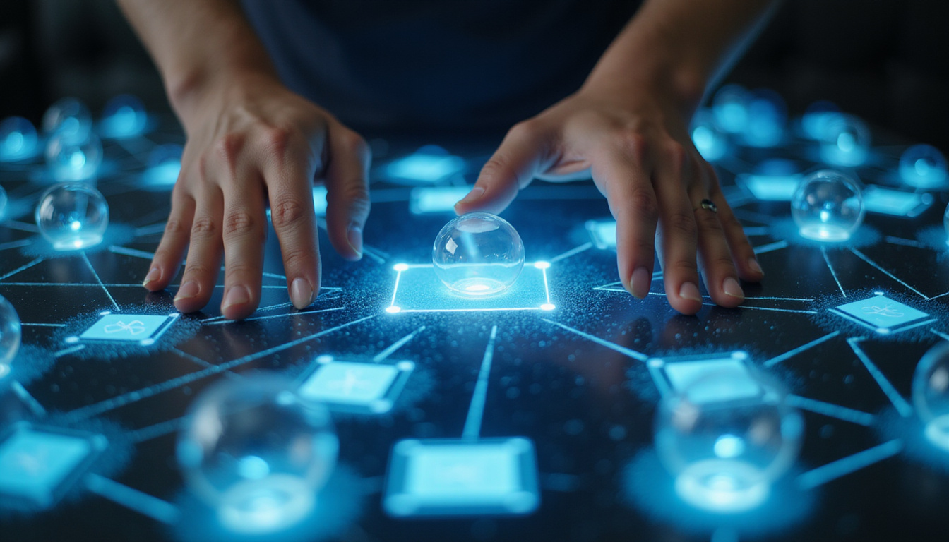 Close-up hands arranging glowing prompt cards, networked AI agents visualized as translucent orbs