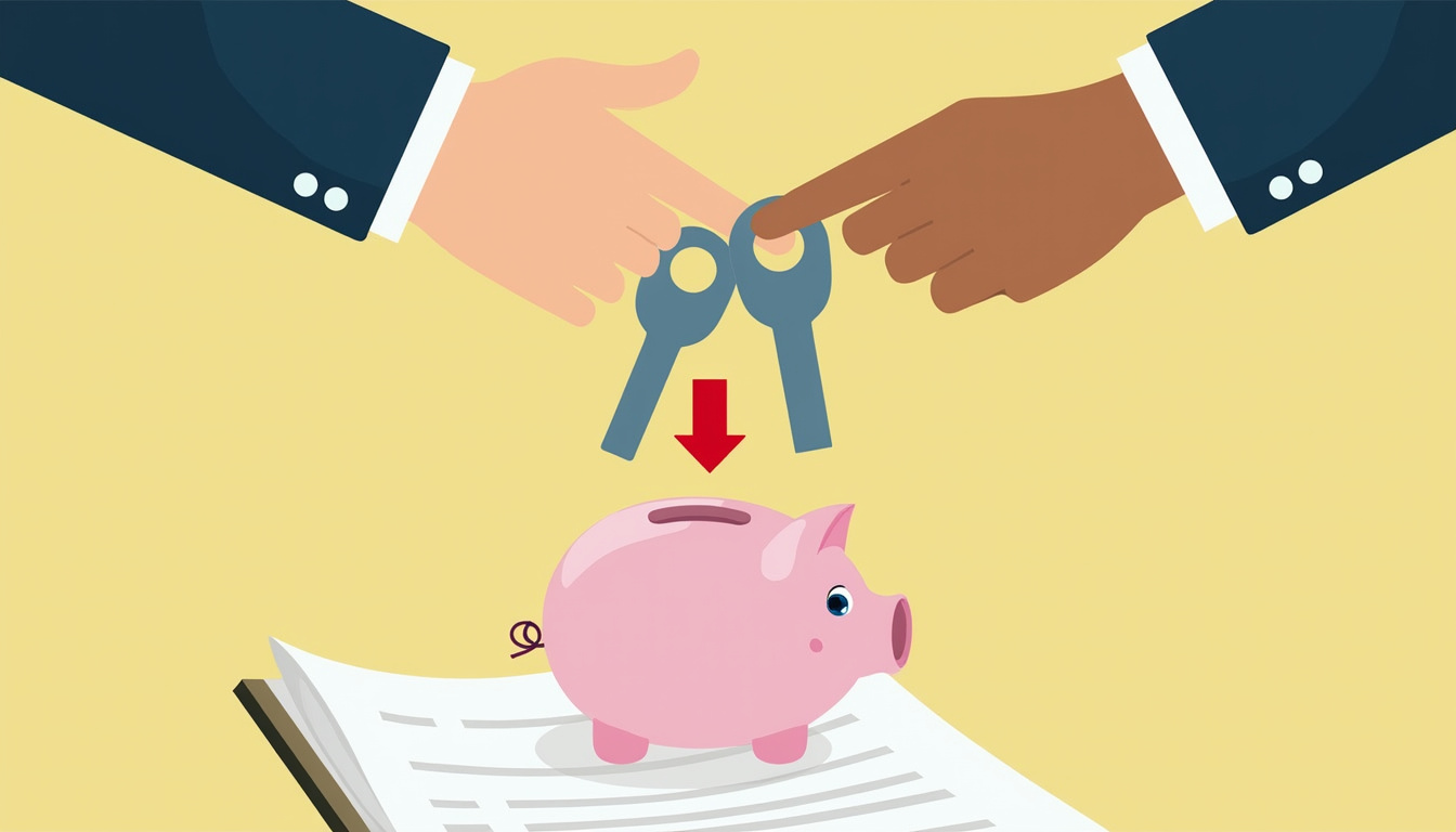 Close-up hands exchanging house keys over contract, piggy bank, downward red arrow