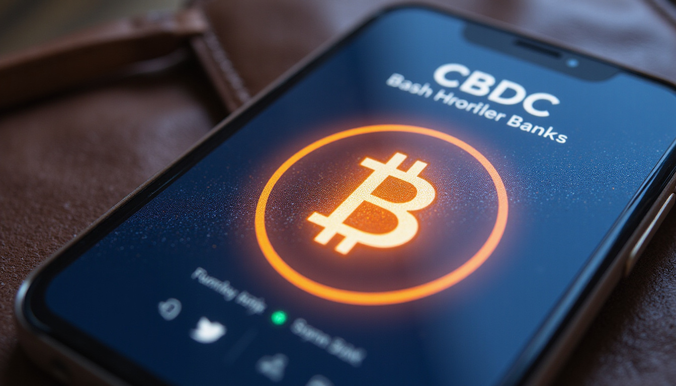 Close-up smartphone wallet displaying CBDC app, biometric unlock, glowing central bank emblem